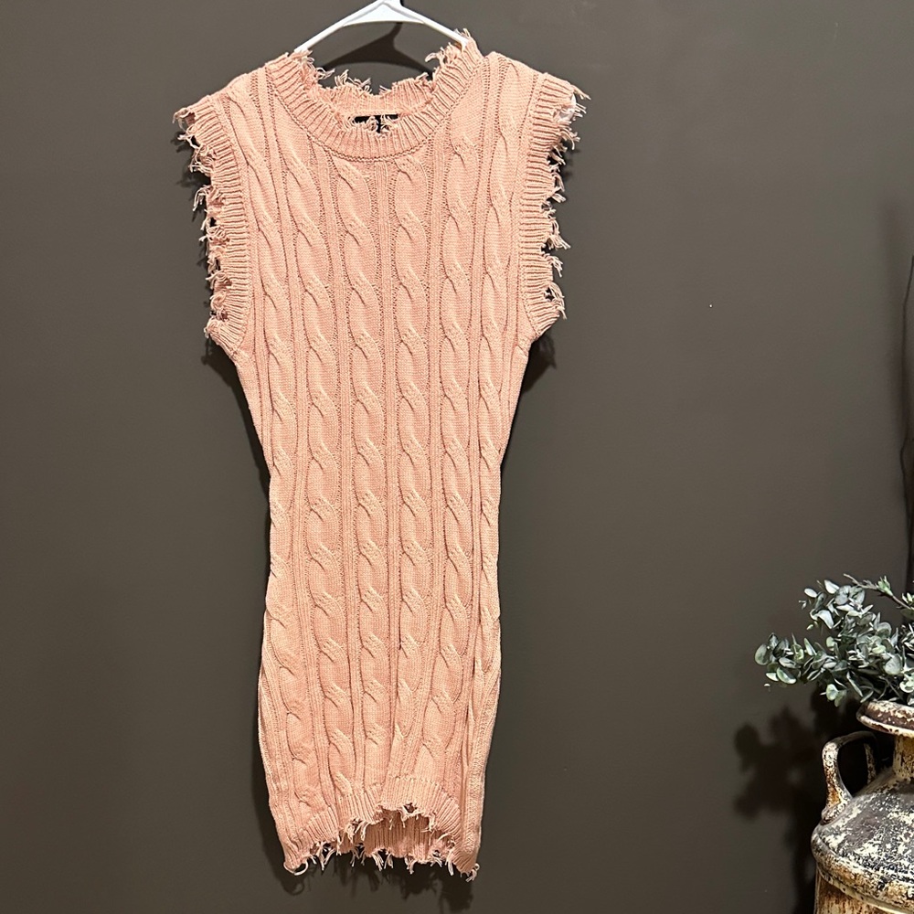 SMALL Blue Blush Peach Knit Frayed Sweater Dress